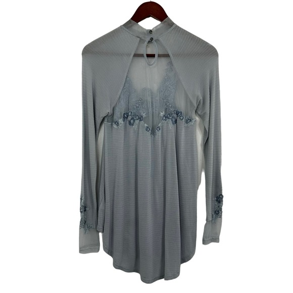 Free People Embroidered Mesh Top Blue Size XS Long Sleeve Semi Sheer Coquette - Picture 3 of 16